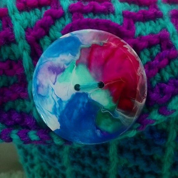 Hand Crafted Knit Throw Pillow Cerulean Blue Magenta Turquoise Green Painte… - Picture 3 of 6